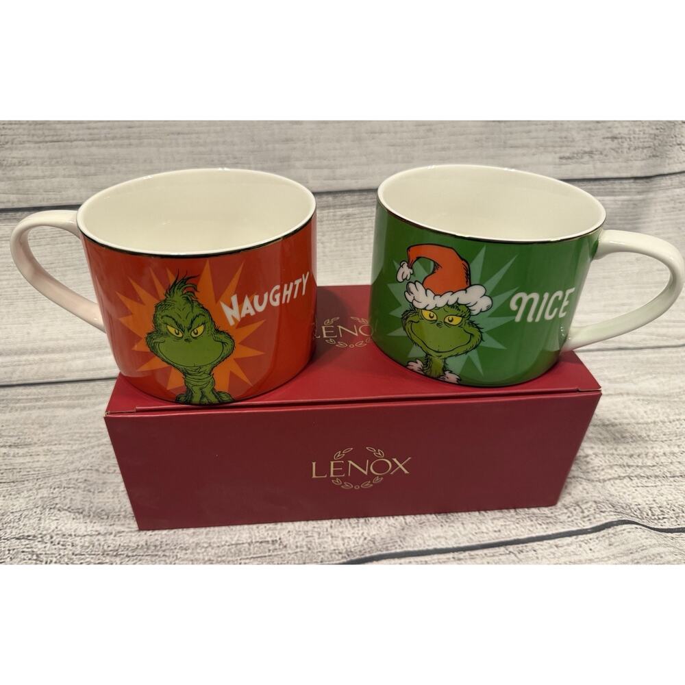 New Lenox The Grinch Naughty & Nice Porcelain Mugs Set Grinchmas Gold Rimmed